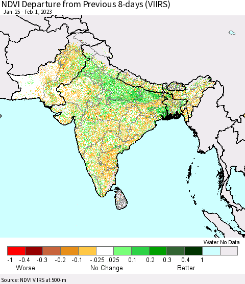 Southern Asia NDVI Departure from Previous 8-days (VIIRS) Thematic Map For 1/25/2023 - 2/1/2023