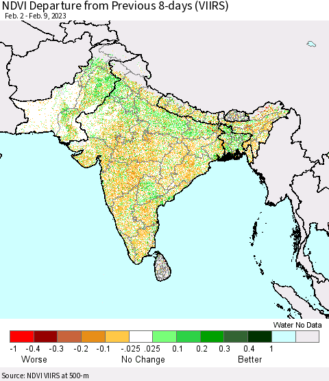 Southern Asia NDVI Departure from Previous 8-days (VIIRS) Thematic Map For 2/2/2023 - 2/9/2023
