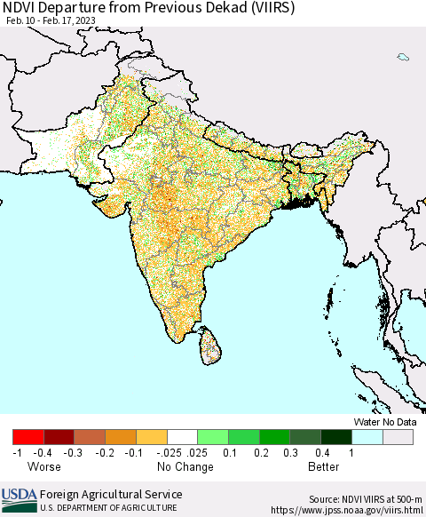 Southern Asia NDVI Departure from Previous Dekad (VIIRS) Thematic Map For 2/11/2023 - 2/20/2023