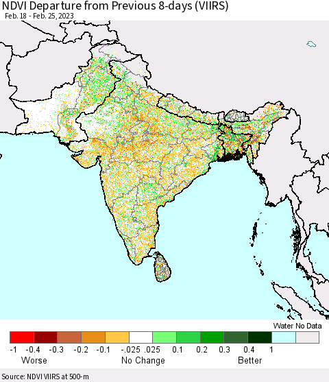 Southern Asia NDVI Departure from Previous 8-days (VIIRS) Thematic Map For 2/18/2023 - 2/25/2023