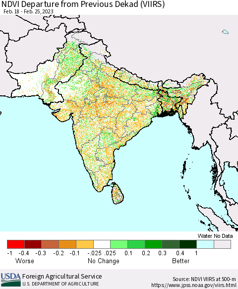 Southern Asia NDVI Departure from Previous Dekad (VIIRS) Thematic Map For 2/21/2023 - 2/28/2023