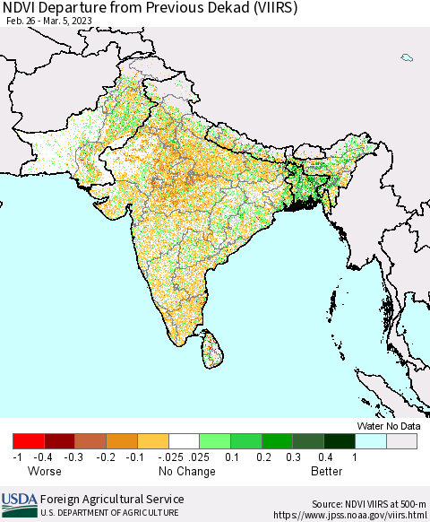 Southern Asia NDVI Departure from Previous Dekad (VIIRS) Thematic Map For 3/1/2023 - 3/10/2023