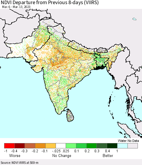Southern Asia NDVI Departure from Previous 8-days (VIIRS) Thematic Map For 3/6/2023 - 3/13/2023
