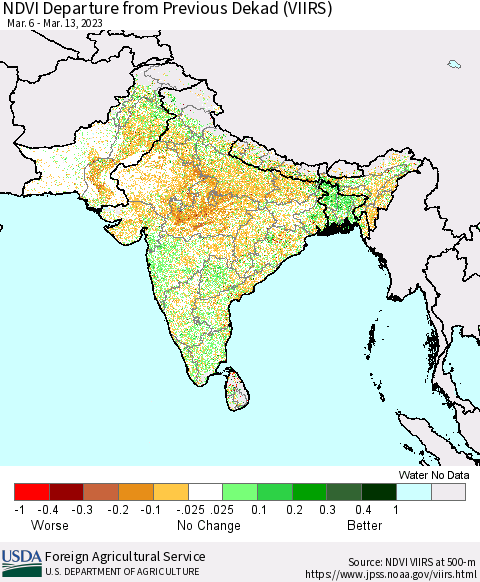 Southern Asia NDVI Departure from Previous Dekad (VIIRS) Thematic Map For 3/11/2023 - 3/20/2023