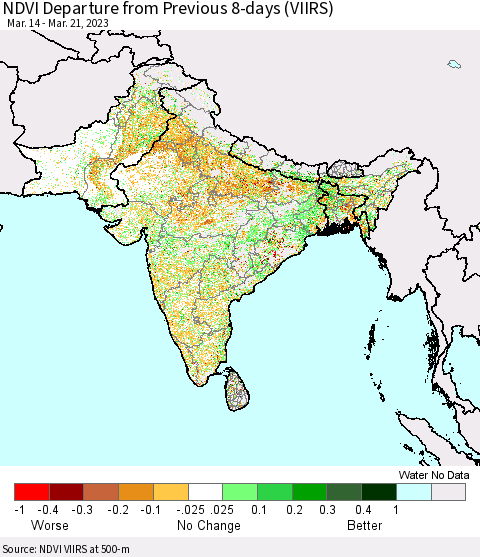 Southern Asia NDVI Departure from Previous 8-days (VIIRS) Thematic Map For 3/14/2023 - 3/21/2023