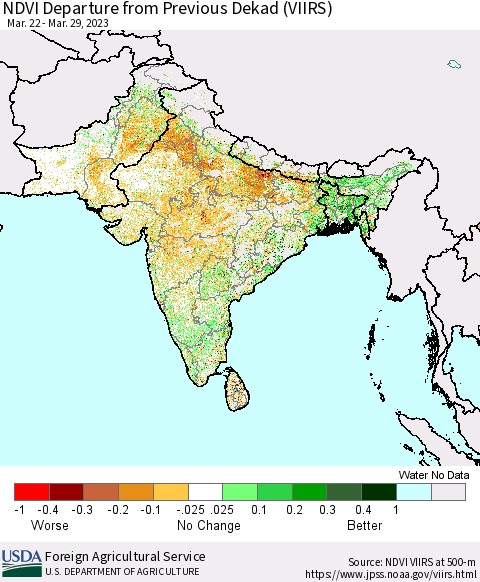 Southern Asia NDVI Departure from Previous Dekad (VIIRS) Thematic Map For 3/21/2023 - 3/31/2023