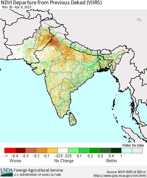 Southern Asia NDVI Departure from Previous Dekad (VIIRS) Thematic Map For 4/1/2023 - 4/10/2023