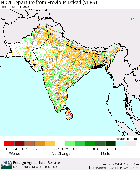 Southern Asia NDVI Departure from Previous Dekad (VIIRS) Thematic Map For 4/11/2023 - 4/20/2023