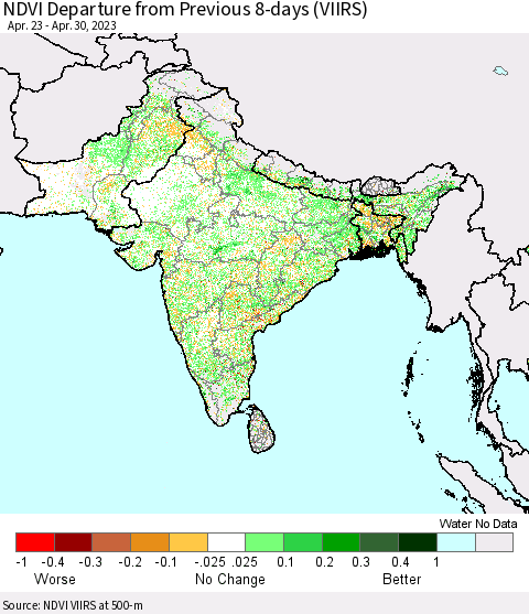 Southern Asia NDVI Departure from Previous 8-days (VIIRS) Thematic Map For 4/23/2023 - 4/30/2023
