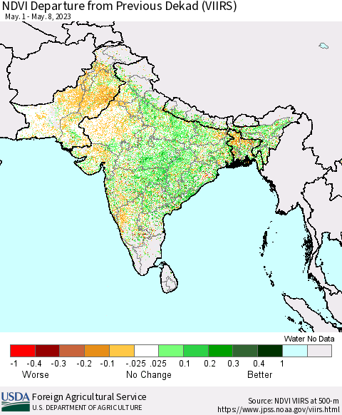 Southern Asia NDVI Departure from Previous Dekad (VIIRS) Thematic Map For 5/1/2023 - 5/10/2023