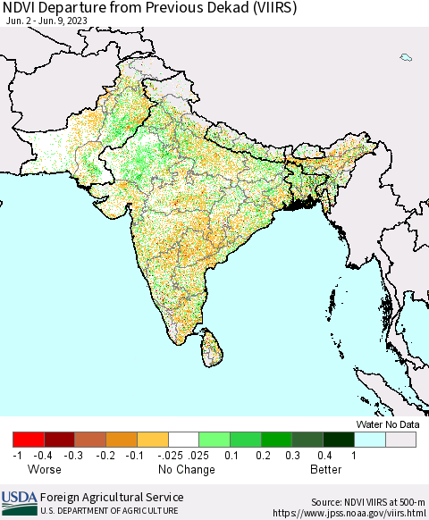 Southern Asia NDVI Departure from Previous Dekad (VIIRS) Thematic Map For 6/1/2023 - 6/10/2023