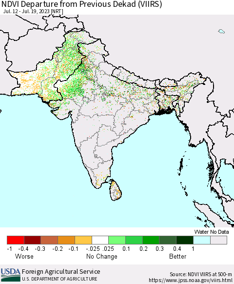 Southern Asia NDVI Departure from Previous Dekad (VIIRS) Thematic Map For 7/11/2023 - 7/20/2023