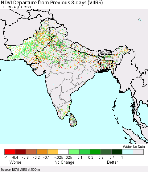 Southern Asia NDVI Departure from Previous 8-days (VIIRS) Thematic Map For 7/28/2023 - 8/4/2023