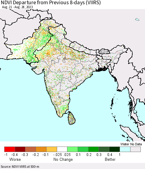 Southern Asia NDVI Departure from Previous 8-days (VIIRS) Thematic Map For 8/21/2023 - 8/28/2023