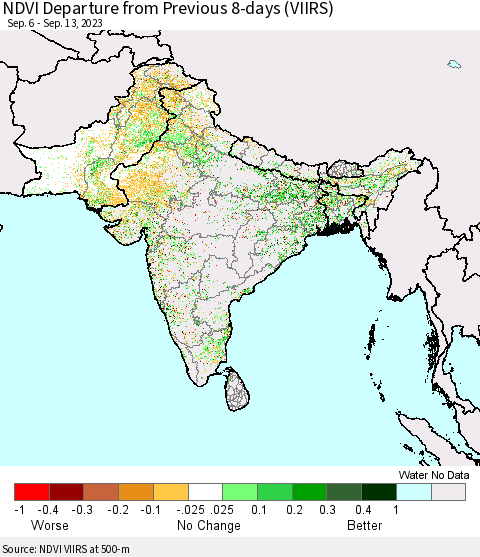 Southern Asia NDVI Departure from Previous 8-days (VIIRS) Thematic Map For 9/6/2023 - 9/13/2023