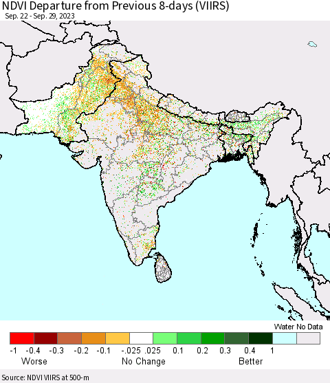 Southern Asia NDVI Departure from Previous 8-days (VIIRS) Thematic Map For 9/22/2023 - 9/29/2023