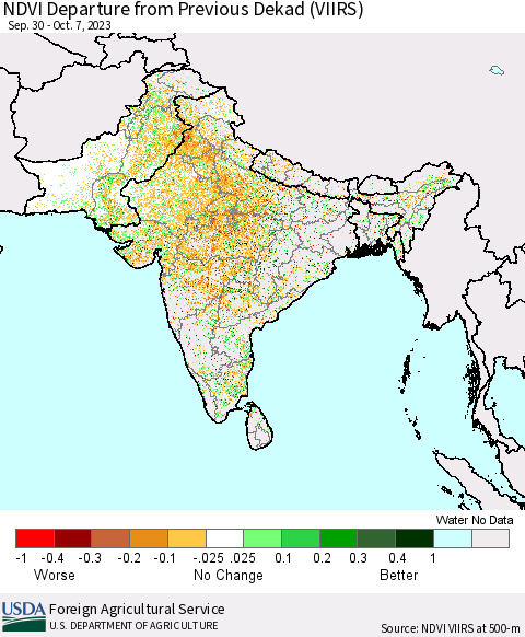 Southern Asia NDVI Departure from Previous Dekad (VIIRS) Thematic Map For 10/1/2023 - 10/10/2023