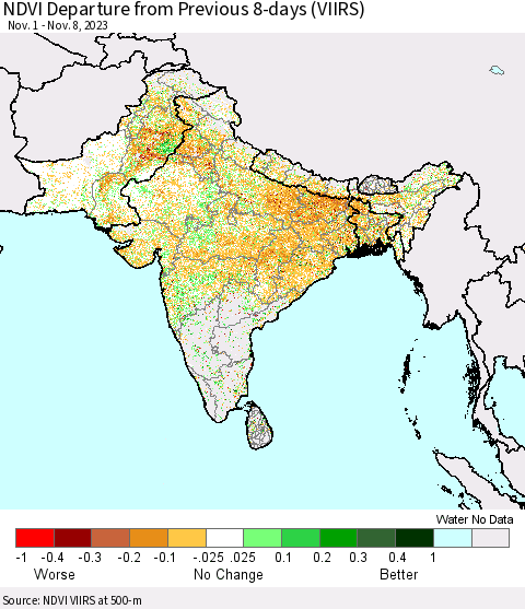 Southern Asia NDVI Departure from Previous 8-days (VIIRS) Thematic Map For 11/1/2023 - 11/8/2023