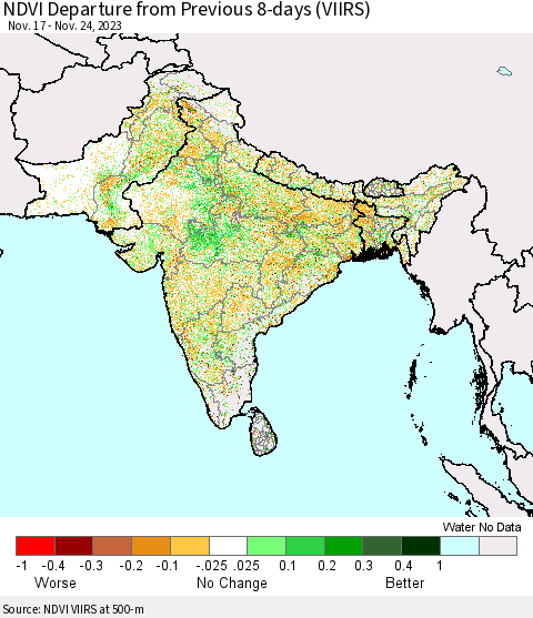 Southern Asia NDVI Departure from Previous 8-days (VIIRS) Thematic Map For 11/17/2023 - 11/24/2023
