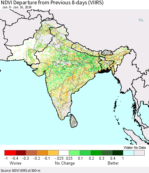 Southern Asia NDVI Departure from Previous 8-days (VIIRS) Thematic Map For 1/9/2024 - 1/16/2024