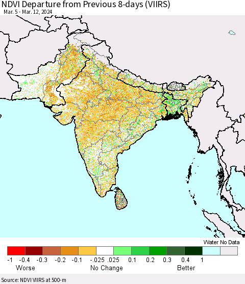 Southern Asia NDVI Departure from Previous 8-days (VIIRS) Thematic Map For 3/5/2024 - 3/12/2024