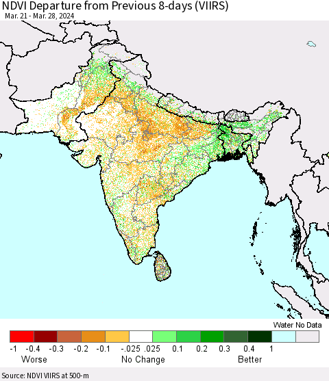 Southern Asia NDVI Departure from Previous 8-days (VIIRS) Thematic Map For 3/21/2024 - 3/28/2024