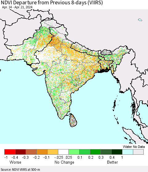 Southern Asia NDVI Departure from Previous 8-days (VIIRS) Thematic Map For 4/14/2024 - 4/21/2024