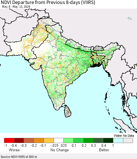 Southern Asia NDVI Departure from Previous 8-days (VIIRS) Thematic Map For 5/8/2024 - 5/15/2024