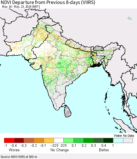 Southern Asia NDVI Departure from Previous 8-days (VIIRS) Thematic Map For 5/16/2024 - 5/23/2024