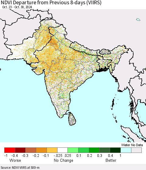 Southern Asia NDVI Departure from Previous 8-days (VIIRS) Thematic Map For 10/23/2024 - 10/30/2024