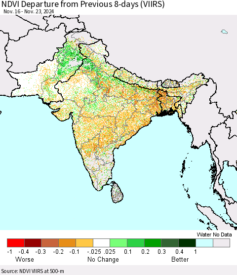 Southern Asia NDVI Departure from Previous 8-days (VIIRS) Thematic Map For 11/16/2024 - 11/23/2024