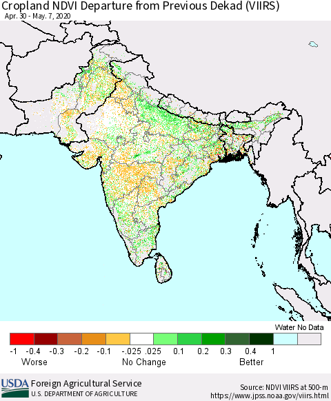 Southern Asia Cropland NDVI Departure from Previous Dekad (VIIRS) Thematic Map For 5/1/2020 - 5/10/2020