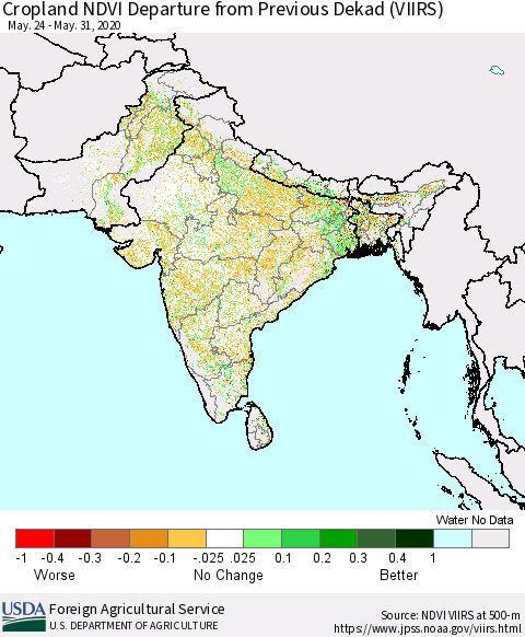 Southern Asia Cropland NDVI Departure from Previous Dekad (VIIRS) Thematic Map For 5/21/2020 - 5/31/2020