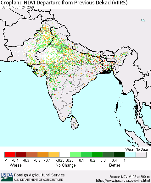 Southern Asia Cropland NDVI Departure from Previous Dekad (VIIRS) Thematic Map For 6/21/2020 - 6/30/2020