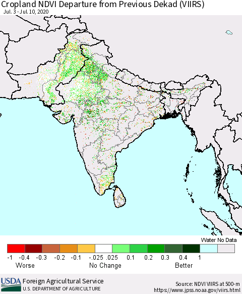 Southern Asia Cropland NDVI Departure from Previous Dekad (VIIRS) Thematic Map For 7/1/2020 - 7/10/2020