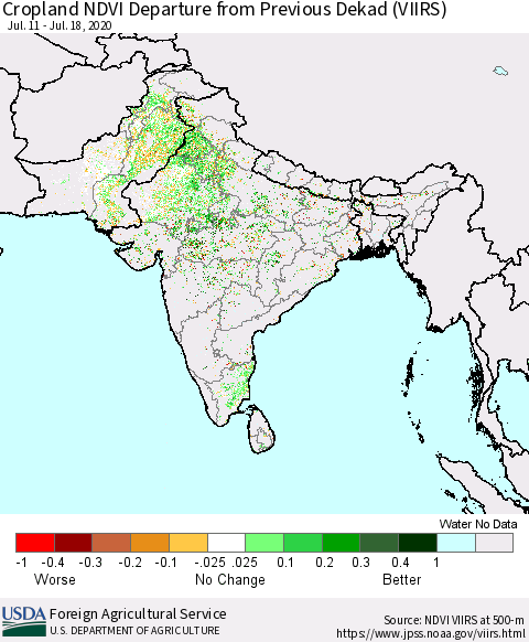Southern Asia Cropland NDVI Departure from Previous Dekad (VIIRS) Thematic Map For 7/11/2020 - 7/20/2020