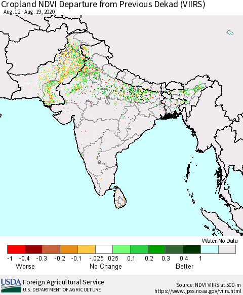 Southern Asia Cropland NDVI Departure from Previous Dekad (VIIRS) Thematic Map For 8/11/2020 - 8/20/2020