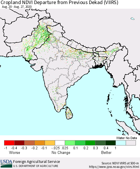 Southern Asia Cropland NDVI Departure from Previous Dekad (VIIRS) Thematic Map For 8/21/2020 - 8/31/2020
