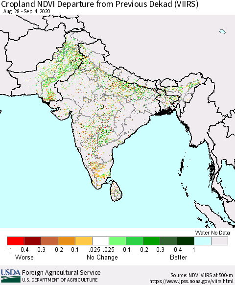 Southern Asia Cropland NDVI Departure from Previous Dekad (VIIRS) Thematic Map For 9/1/2020 - 9/10/2020
