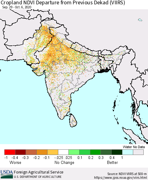 Southern Asia Cropland NDVI Departure from Previous Dekad (VIIRS) Thematic Map For 10/1/2020 - 10/10/2020
