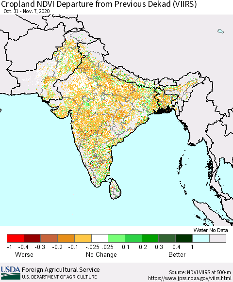 Southern Asia Cropland NDVI Departure from Previous Dekad (VIIRS) Thematic Map For 11/1/2020 - 11/10/2020