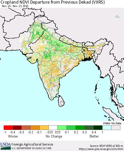Southern Asia Cropland NDVI Departure from Previous Dekad (VIIRS) Thematic Map For 11/21/2020 - 11/30/2020