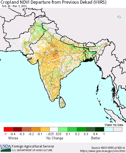 Southern Asia Cropland NDVI Departure from Previous Dekad (VIIRS) Thematic Map For 3/1/2021 - 3/10/2021