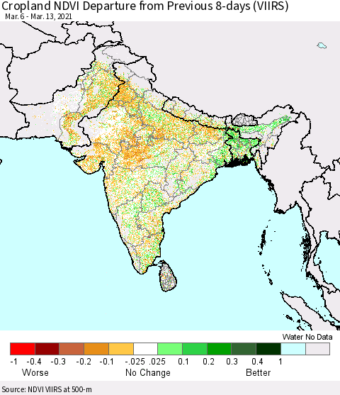 Southern Asia Cropland NDVI Departure from Previous 8-days (VIIRS) Thematic Map For 3/6/2021 - 3/13/2021