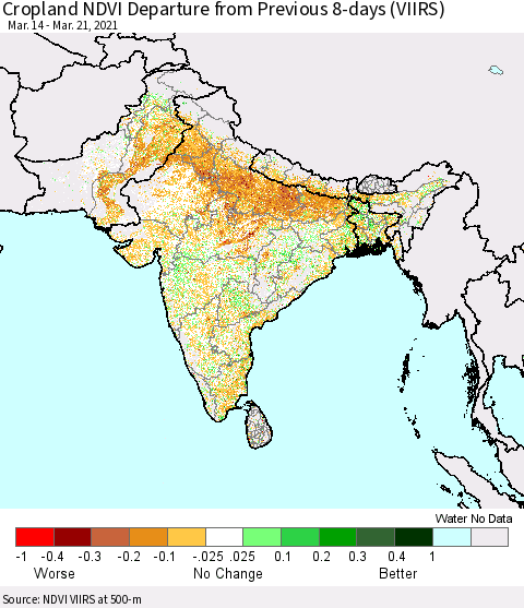 Southern Asia Cropland NDVI Departure from Previous 8-days (VIIRS) Thematic Map For 3/14/2021 - 3/21/2021