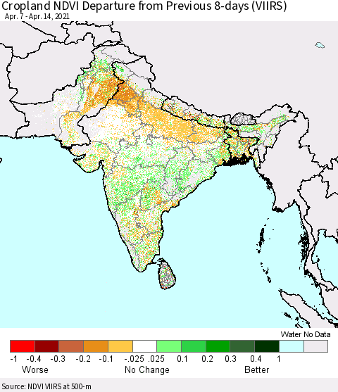 Southern Asia Cropland NDVI Departure from Previous 8-days (VIIRS) Thematic Map For 4/7/2021 - 4/14/2021