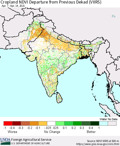 Southern Asia Cropland NDVI Departure from Previous Dekad (VIIRS) Thematic Map For 4/11/2021 - 4/20/2021