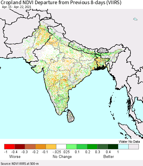 Southern Asia Cropland NDVI Departure from Previous 8-days (VIIRS) Thematic Map For 4/15/2021 - 4/22/2021