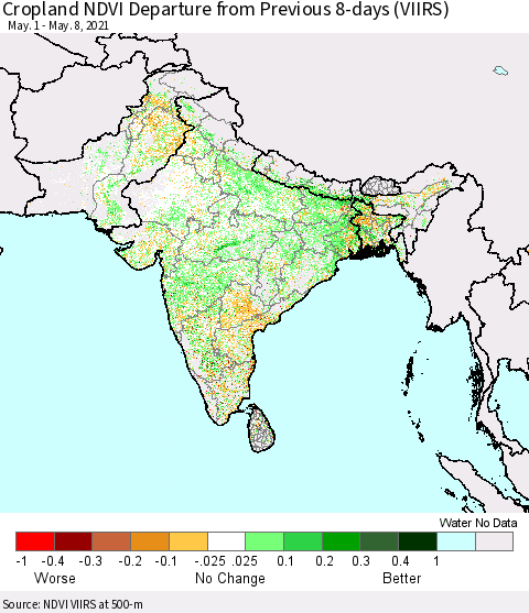 Southern Asia Cropland NDVI Departure from Previous 8-days (VIIRS) Thematic Map For 5/1/2021 - 5/8/2021