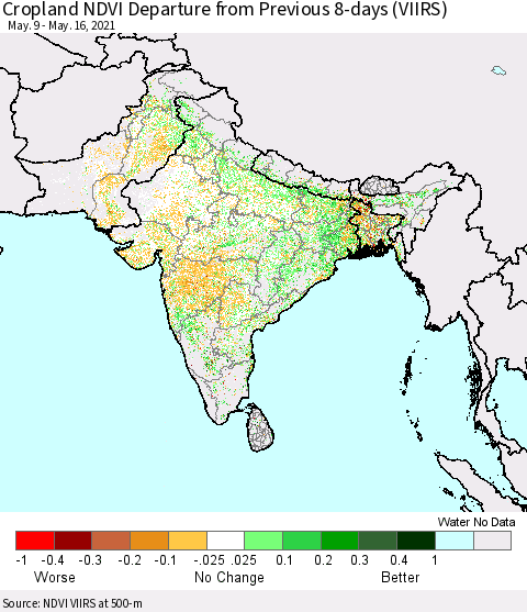 Southern Asia Cropland NDVI Departure from Previous 8-days (VIIRS) Thematic Map For 5/9/2021 - 5/16/2021